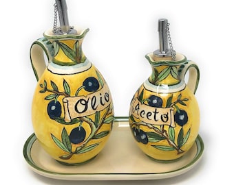 Juego de aceitera y vinagrera de cerámica italiana + bandeja pequeña Cerámica artística pintada a mano Hecho en Italia Toscana