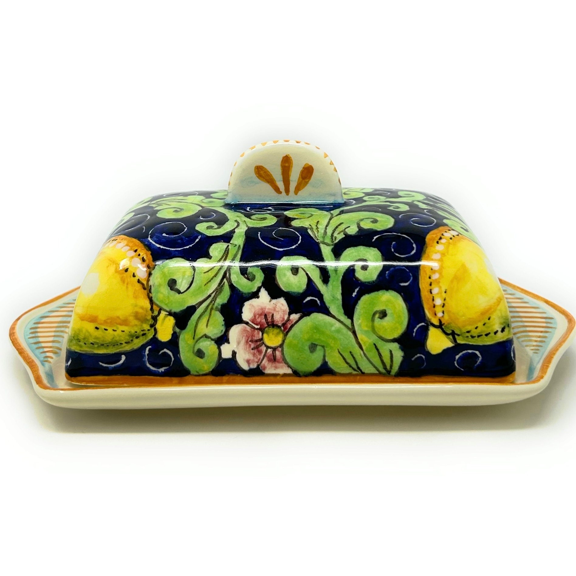 Italian Ceramic Butter Dish Hand Painted Decorated Lemons Made in ITALY Tuscan Art Pottery