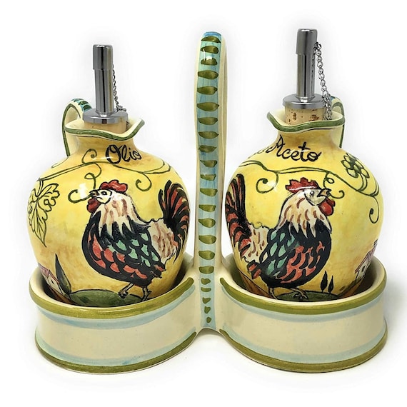 Italienische Keramik Set Menage Öl Essig Spender Kunst Keramik Handgemalte  Verzierte Hahn Made in ITALY Toskanisch -  Österreich