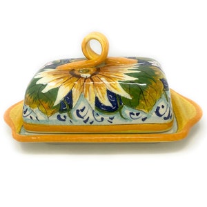 Italian Ceramic Butter Dish Hand Painted Decorated Sunflower Made in ITALY Tuscan Art Pottery