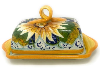 Italian Ceramic Butter Dish Hand Painted Decorated Sunflower Made in ITALY Tuscan Art Pottery