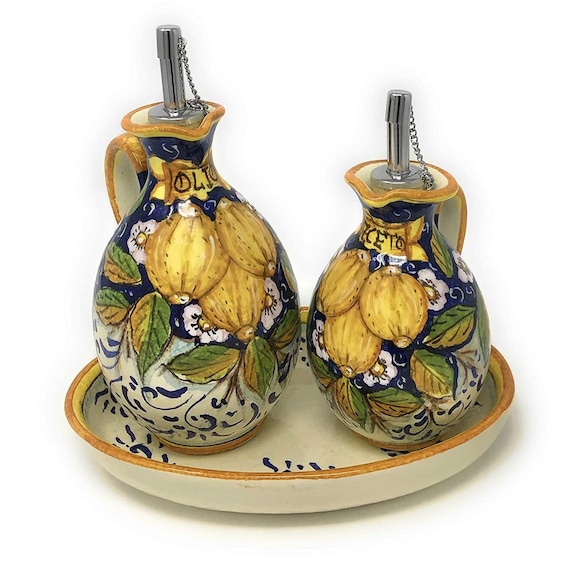 Italian Ceramic Set Dispenser Cruet Ampoules Oil and Vinegar Art Pottery Hand Painted Pattern Three Lemons Made in ITALY Tuscan