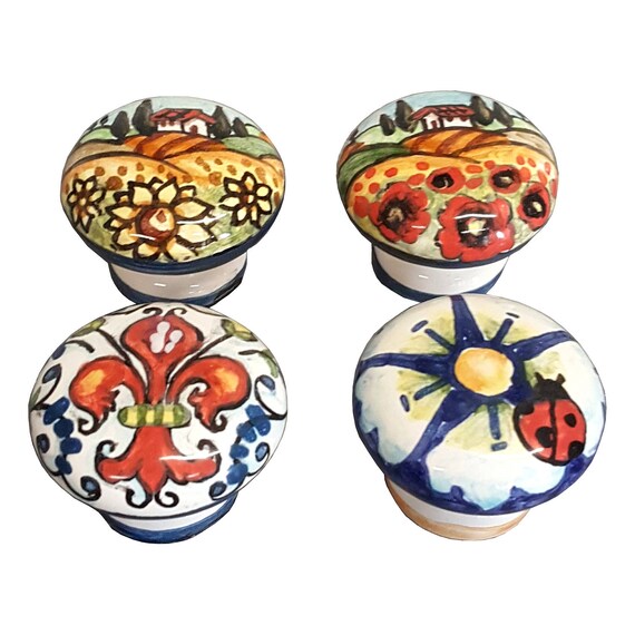 Italian Ceramic Pottery Set 4 Knobs For Cabinets Hand Painted Italian Ceramic Pottery Set 4 Knobs For