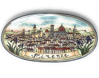 Plato ovalado de cerámica artística italiana con diseño de la ciudad de Florencia (Firenze), pintado a mano, hecho en Italia (Toscana).
