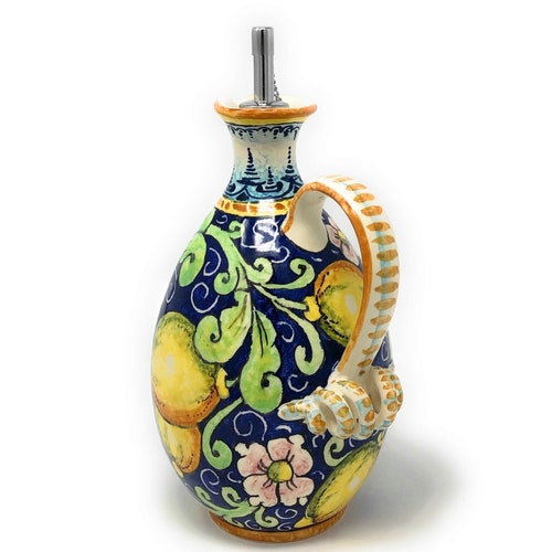 Italian Ceramic Art Pottery Hand Painted Oil Cruet shops Lemons Blue Made ITALY Tuscan