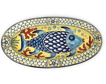 Italian Ceramic Pottery Art Pottery Small Oval Tray Plate Pattern Fish Hand Painted Made in ITALY Tuscany Florence