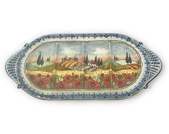 Italian Pottery Ceramic Serving Appetizer Oval Pottery Pattern Poppies Landscape Tuscan Hand Painted Made in ITALY Florence