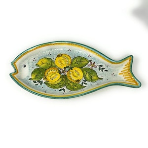 Italian Ceramic Art Serving Tray Shape Fish Pottery Hand Painted Pattern Lemons Made in ITALY Tuscany Florence Store
