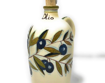 Italian Ceramic Art Pottery Oil Cruet Bottle Hand Painted Decorated Olives Made in ITALY Tuscan