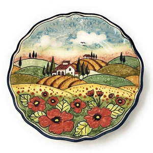 Italian Ceramic Art Pottery Serving Bowl Small Hand Painted Landscape Poppies Tuscan Made in ITALY