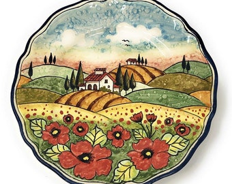 Italienische Keramik Kunstkeramik Servierschüssel Kleine Handgemalte Landschaft Mohnblumen Toskanischen Made in ITALY