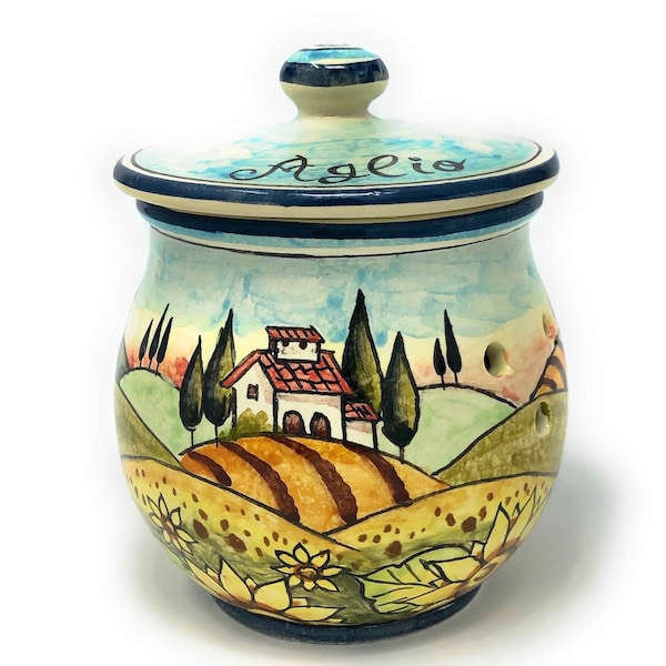 Italian Ceramic Brings Garlic Jar Holder Hand Painted Decorated Sunflowers Tuscan Landscape Made in ITALY Tuscan Art Pottery