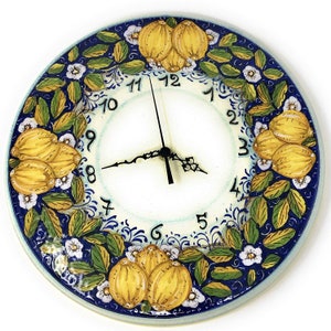 Italian Ceramic Wall Round Clock Art Pottery Hand Painted Pattern Lemons Made in ITALY Tuscan Art Pottery Florence