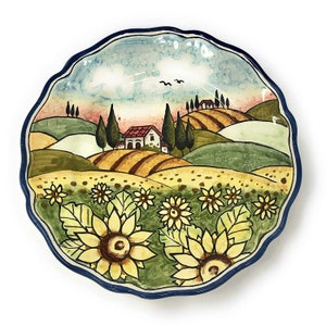 Italian Ceramic Art Pottery Small Plate to hang Hand Painted Pattern Landscape Tuscany Sunflowers Made in ITALY Florence