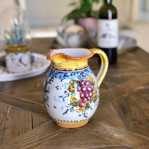 Italian Ceramic Art Pottery Pitcher Vino Vine gal 0,264 Hand Painted Decorated Grape Made in ITALY Tuscan image 4