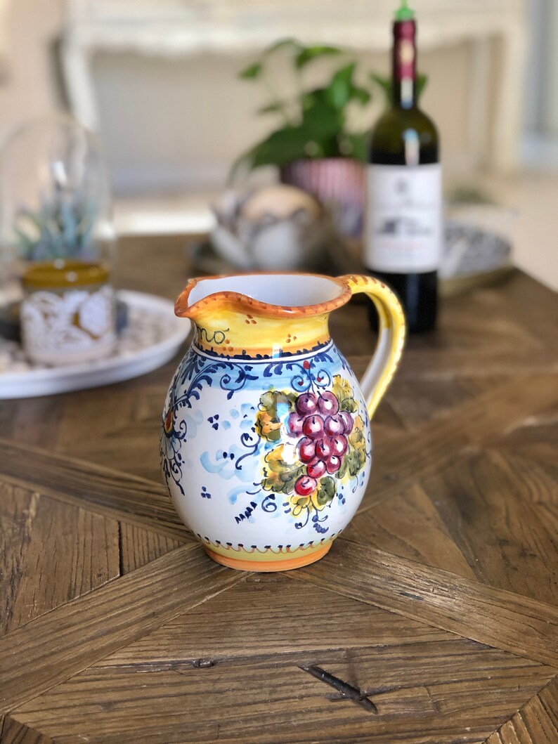 Italian Ceramic Art Pottery Pitcher Vino Vine gal 0,264 Hand Painted Decorated Grape Made in ITALY Tuscan image 4