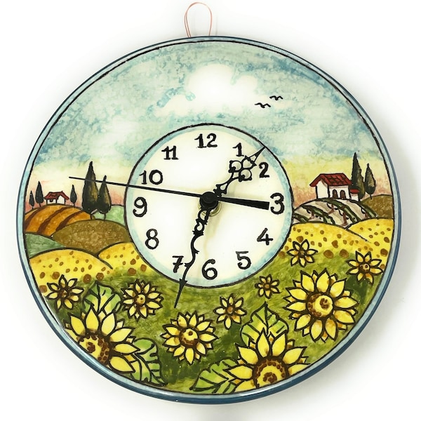 Petite horloge murale en céramique italienne, décoration paysage tournesols toscane peinte à la main fabriquée en Italie, poterie d'art