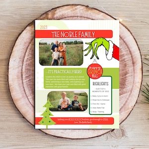 Plantilla de boletín navideño de Grinchmas para Canva- Boletín familiar navideño- Revisión del año Descarga editable Imágenes imprimibles Grinch Who