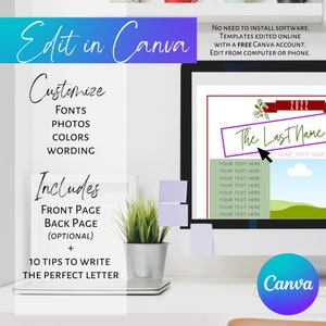 May include: A computer screen displaying a customizable template for a holiday letter. The template features a green and blue landscape with a white cloud, a red ribbon with the text "2022", and a text box with the words "The Last Name". The text "Edit in Canva" is displayed on a blue and purple rectangle at the top of the image.