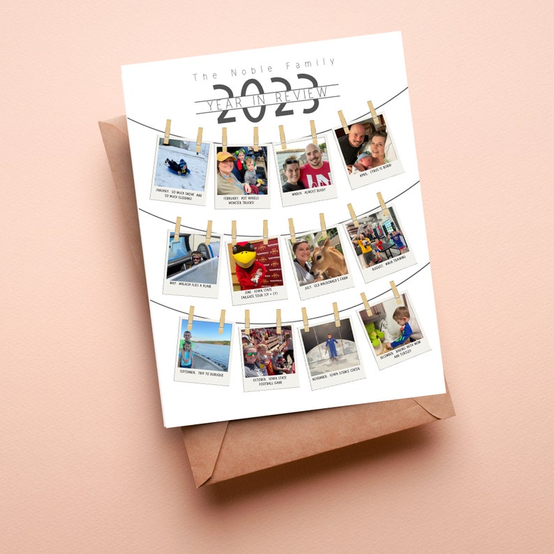 May include: A white poster with the text "The Noble Family Year in Review 2023" at the top. The poster has a string of clothespins holding up photos of a family throughout the year. The photos are arranged in a circle and each photo has a caption describing the event.