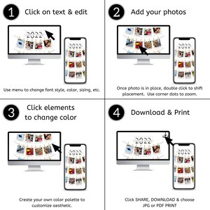 May include: A four-step guide on how to create a personalized photo calendar. The steps are: 1. Click on text & edit, 2. Add your photos, 3. Click elements to change color, 4. Download & Print. The image shows a computer screen and a mobile phone with a calendar design.