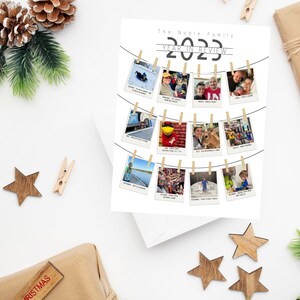 May include: A black and white photo collage of a family's year in review. The photos are hung on a string with clothespins and labeled with the month and a short description of the event. The title of the collage is "The Noble Family Year in Review 2023".