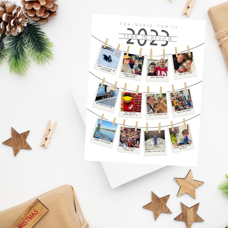 May include: A black and white photo collage of a family's year in review. The photos are hung on a string with clothespins and labeled with the month and a short description of the event. The title of the collage is "The Noble Family Year in Review 2023".