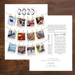 May include: A white and black photo collage with a string of clothespins hanging from the top. The photos show a family's year in review, with images of a baby, a child, and a couple. The text "The Noble Family Year in Review 2022" is at the top of the collage.