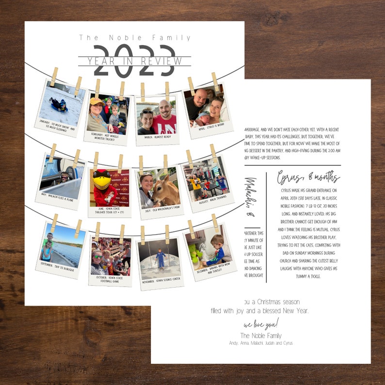May include: A white and black photo collage with a string of clothespins hanging from the top. The photos show a family's year in review, with images of a baby, a child, and a couple. The text "The Noble Family Year in Review 2022" is at the top of the collage.
