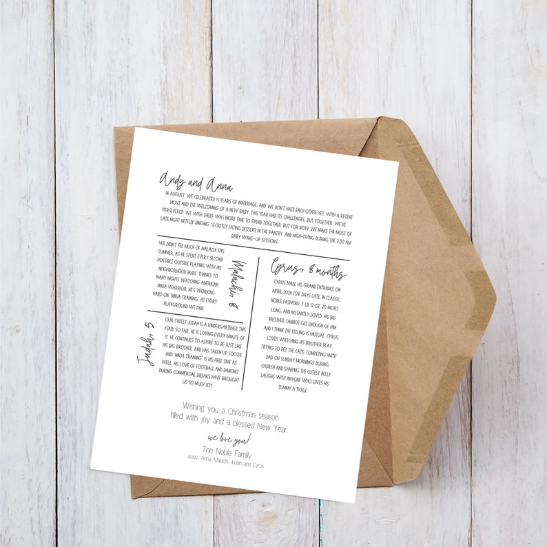 May include: A white card with black text announcing a Christmas season filled with joy and a blessed New Year. The card includes a family update with details about the family's children, Judah, Malachi, and Cyrus. The card is signed by the Noble family.