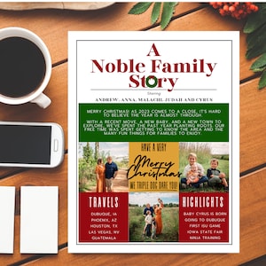 Una plantilla de boletín informativo sobre historias navideñas para Canva- Boletín familiar navideño- Resumen del año Descarga editable Imágenes imprimibles Fotos Divertidas