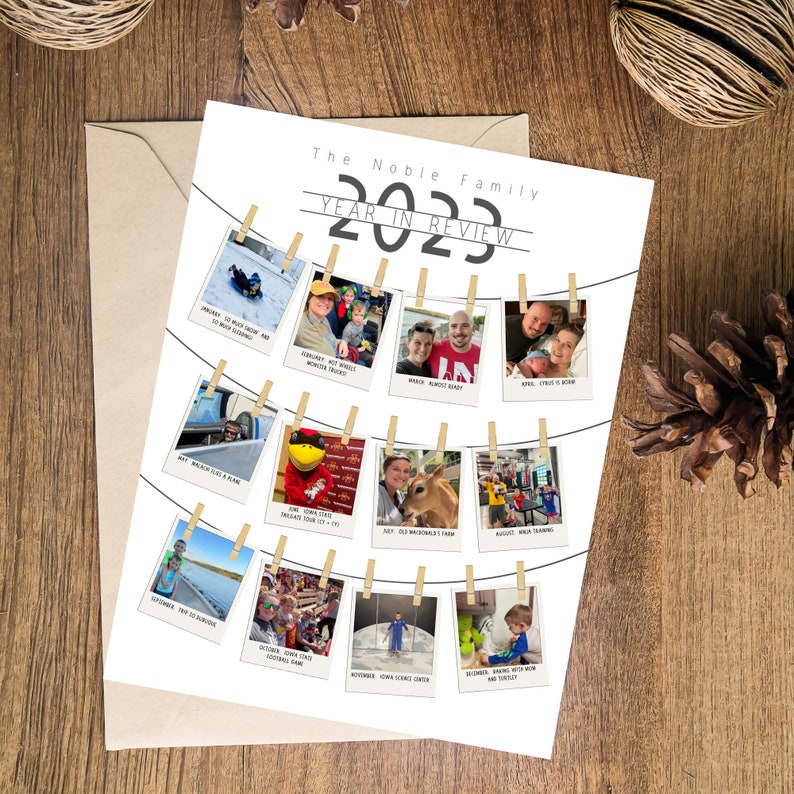 May include: A white poster with a black and white design featuring a family's year in review. The poster has a title that reads "The Noble Family Year in Review 2023". The poster has 12 photos of the family throughout the year, each with a caption describing the month and event.