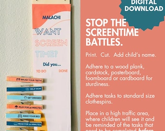 Summer Screentime Checklist, Kids Chore Chart (Digital Download)