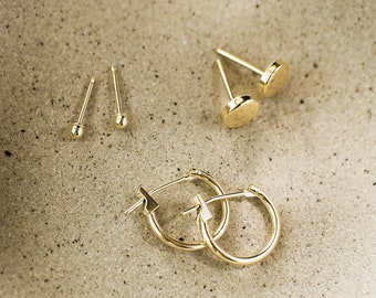 14k Solid Gold Earrings • Yellow Gold Studs or Huggie Hoops • Simple Gold Everyday Earrings • Tiny Solid Gold Earrings for Women