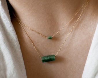 Jade Gemstone Bar Necklace • Jade Pendant Necklace • Good Luck Gift for Women • Dainty 14k Gold Filled, Sterling Necklace