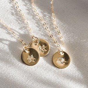 Birth Flower Disc Necklace • 14k Gold, Silver Birthday Necklace • Custom Pendant Necklace Gift for Mom