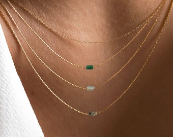 Mini Gemstone Bar Necklace | Everyday Layering Tiny Gem Necklace | Jade, Citrine, Moss Agate, Aventurine, Amazonite, Sodalite Necklaces