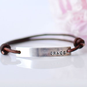 Grace Leather Bracelets for Women • Custom Word Bracelet • Word of The Year • Bar Bracelet • Inspirational Bracelet • Personalized
