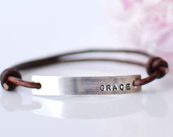 Grace Leather Bracelets for Women • Custom Word Bracelet • Word of The Year • Bar Bracelet • Inspirational Bracelet • Personalized