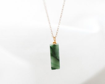 Jade Gemstone Bar Necklace - Vertical 14k Gold Necklace Minimalist Pendant - Luck, Prosperity Gift for Mom, Sister, Friend