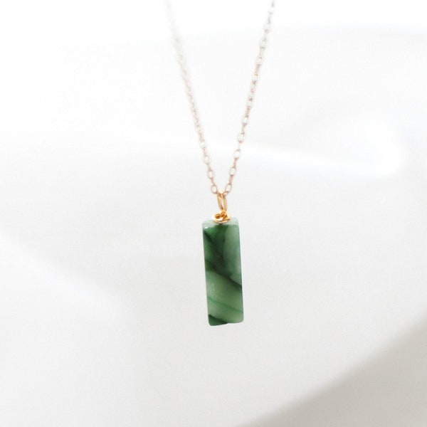 Jade Gemstone Bar Necklace - Vertical 14k Gold Necklace Minimalist Pendant - Luck, Prosperity Gift for Mom, Sister, Friend