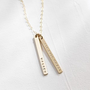 Minimalist Name, Date Vertical Bar Necklace | Gold or Silver Skinny Bar Necklace for Women | Custom Hand Stamped Necklace