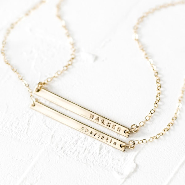 Dainty Tiny Bar Necklace with Names, Gold Filled or Sterling Horizontal Bar Necklace, Personalized Necklace for Women, Custom Initials, Date