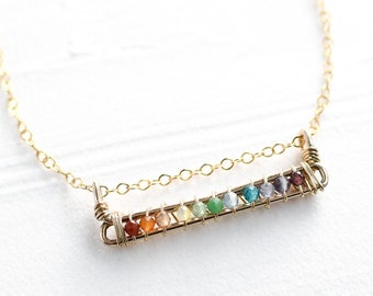 Rainbow Beaded Gemstone Necklace - Gemstone Bar Necklace - 14k Gold, Sterling - Minimalist Pendant Necklace - Gift for Women