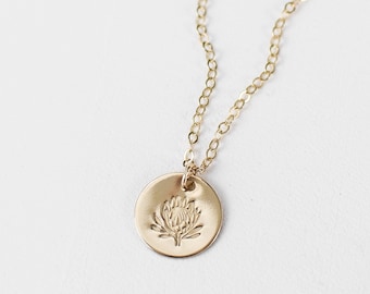 Protea Flower Disc Necklace for Women |  Dainty Everyday Gold or Silver Pendant Necklace | Gift for Bridesmaid, Mom, Or Sister | 1/2” Disc