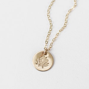 Protea Flower Disc Necklace for Women |  Dainty Everyday Gold or Silver Pendant Necklace | Gift for Bridesmaid, Mom, Or Sister | 1/2” Disc