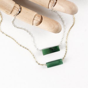 Sterling Silver, 14k Gold Jade Necklace | Minimalist Gemstone Bar Pendant Necklace | Everyday Necklaces for Women