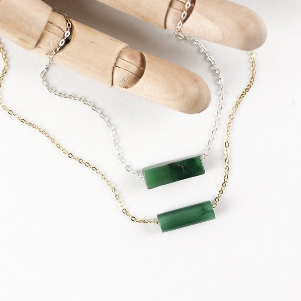 Sterling Silver, 14k Gold Jade Necklace | Minimalist Gemstone Bar Pendant Necklace | Everyday Necklaces for Women