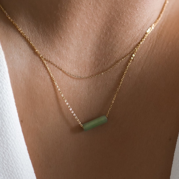 Aventurine Gemstone Bar Necklace | Dainty Genuine Aventurine Beaded Necklace | Gold or Silver Layering Necklaces | Pendant Gift for Her