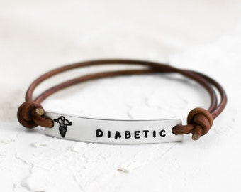 MEDICAL ID ALERT diabetes leather bracelet - hand stamped leather wrap personalized bracelet